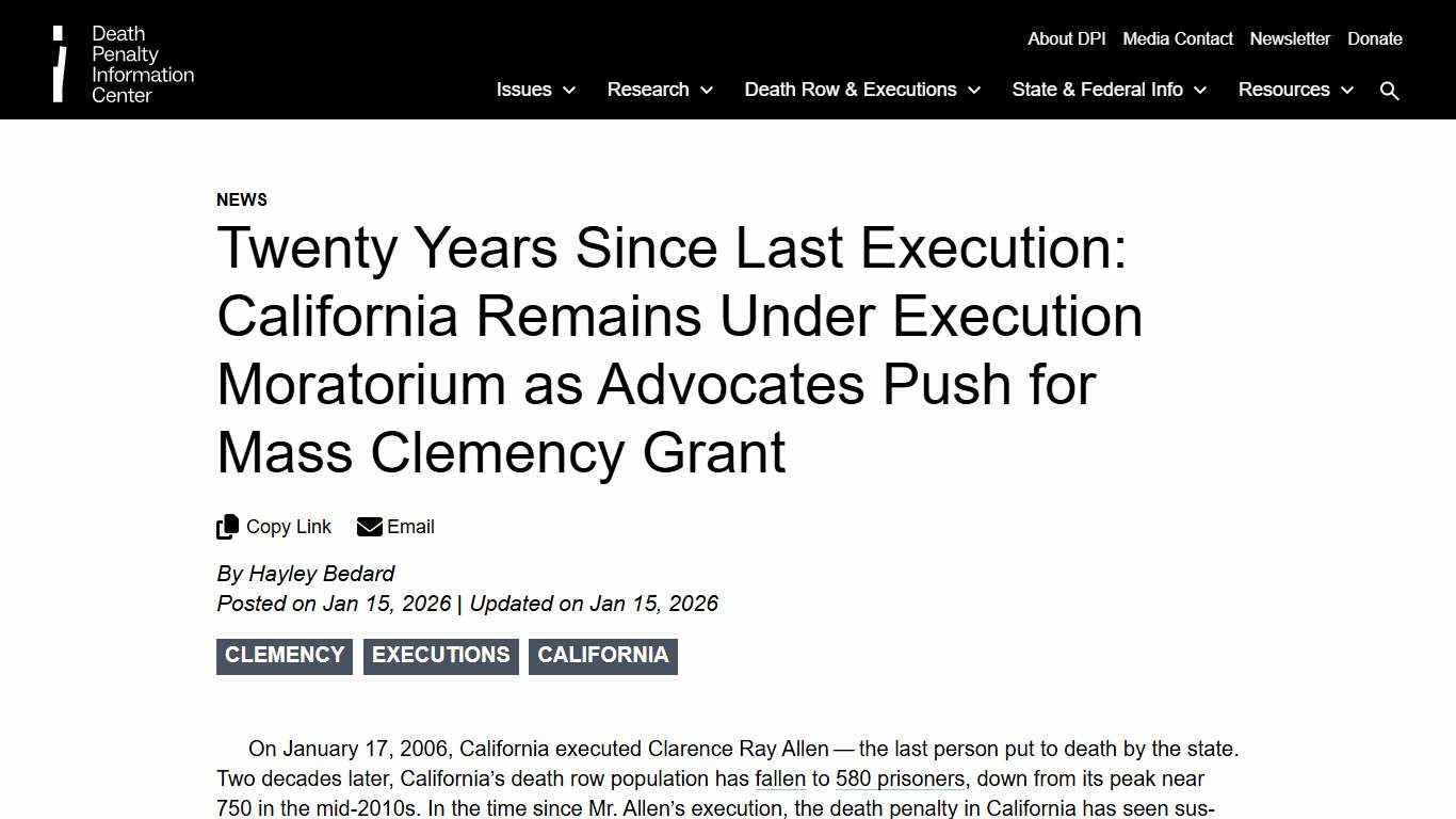 Twenty Years Since Last Execution: California Remains Under Execution Moratorium as Advocates Push for Mass Clemency Grant | Death Penalty Information Center